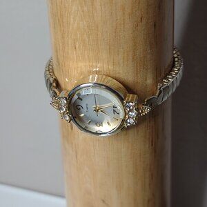 Pretty 6 Inch Gold Tone Stretch Watch With Clear Stones